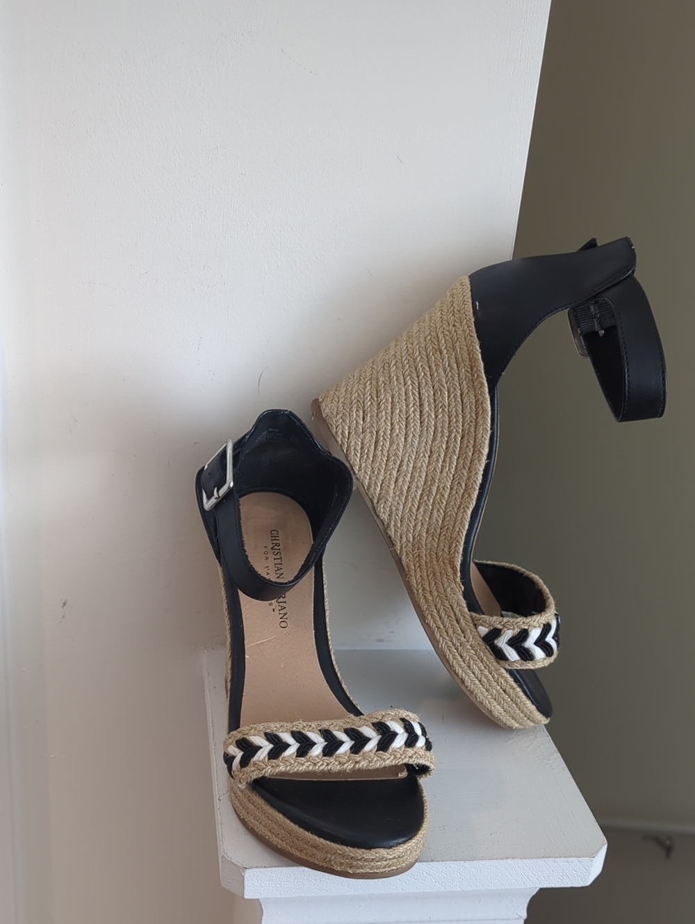 Christian Siriano Black and Natural Espadrille Wedge Sandals